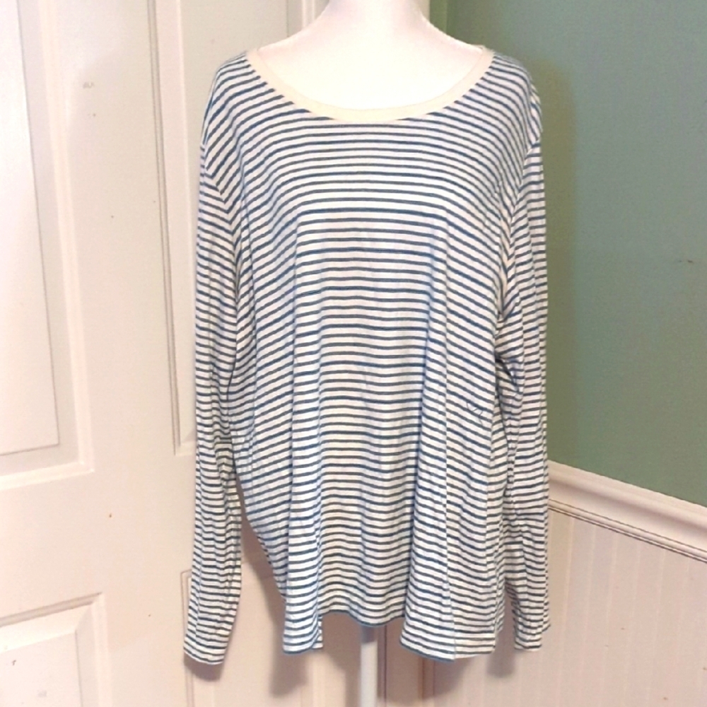 Basic Editions Women's Plus Long Sleeve Shirt Blue White Stripes 2X